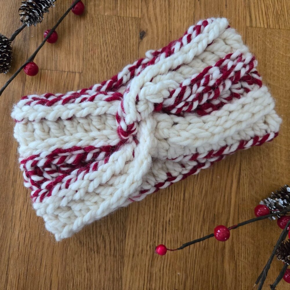 Crochet Twist Ribbed Headband, Peppermint, Festive, Chunky, Holiday gift